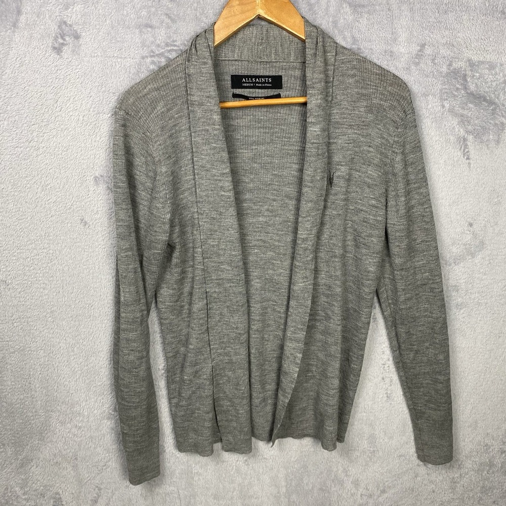 AllSaints Women's Open Cardigan Medium Grey 100% Wool Preppy Academia READ